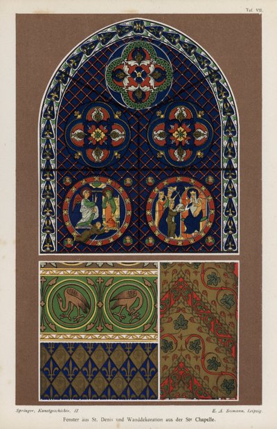 Fenster aus der Basilika von St. Denis und Wanddekoration aus der Sainte-Chapelle, Paris, Frankreich von German School