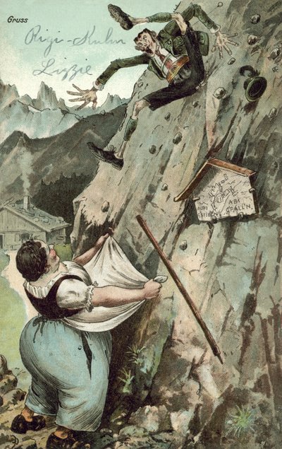 Frau fängt Mann, der vom Berg fällt von German School