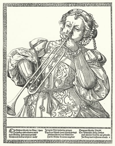 Frau, die eine Posaune oder Sackbut spielt von German School