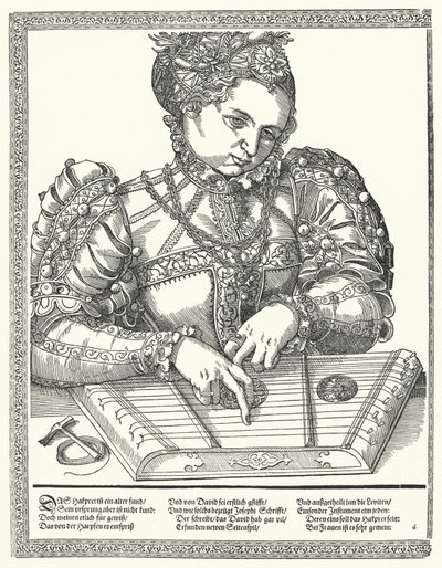 Frau, die eine Zither spielt (Gravur) von German School