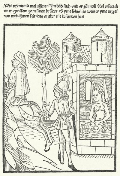 Holzschnitt, der eine Szene aus der Legende von Melusine darstellt von German School