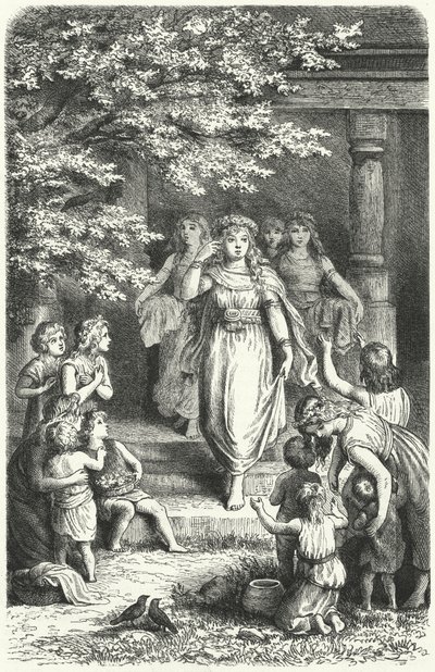 Junge deutsche Frauen tragen Kränze zur Feier des Festes von Eostre (Ostara) von German School