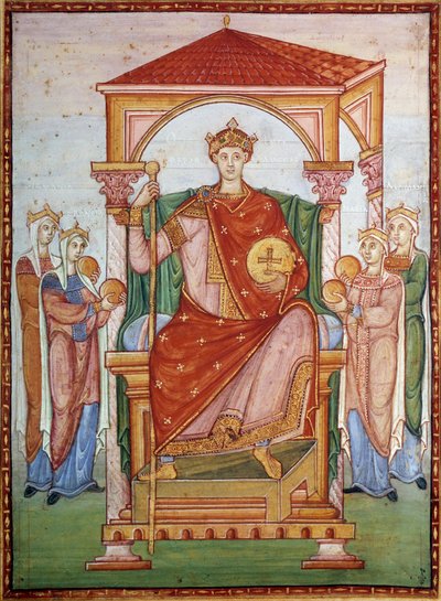 Otto III. empfängt den Tribut der Nationen. Miniatur aus dem Manuskript "Evangelium von Otto III." von German School