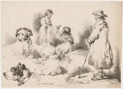 Studien von Kindern, zwei kleine Mädchen, zwei Hunde, ein Mann, 1793 von Gerrard Street J. Harris Soho