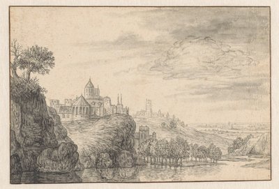 Fantasieansicht einer Stadt an einem hohen Flussufer von Gerrit Battem