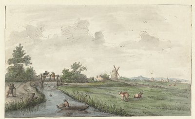 Landschaft mit einem Graben und einem Feldweg von Gerrit Grasdorp (possibly)