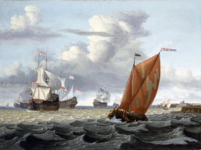 Navigation vor einem niederländischen Hafen, mit dem Turm einer Kirche und einigen Gebäuden, wahrscheinlich Enkhuizen (Holland) am Zuiderzee (oder Zuyderzee oder Südsee) und Beschreibung einer Vielzahl von Schiffen: Heringsfischerboot und Schiffe der Niede von Gerrit Pompe