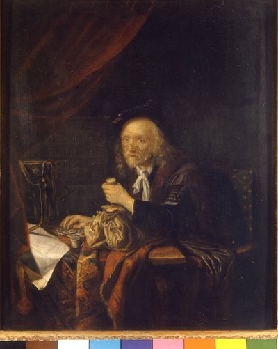 Ein misstrauischer Mann zählt sein Geld, indem er eine Geldbörse in der Hand hält. Gemälde von Gerard Dou (oder Gerrit Dow) (1613-1675) 17. Jahrhundert Mailand Museo del Castello von Gerrit Dou