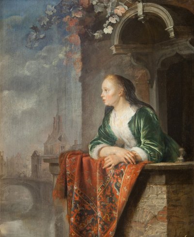 Junge Frau auf einem Balkon von Gerrit Dou
