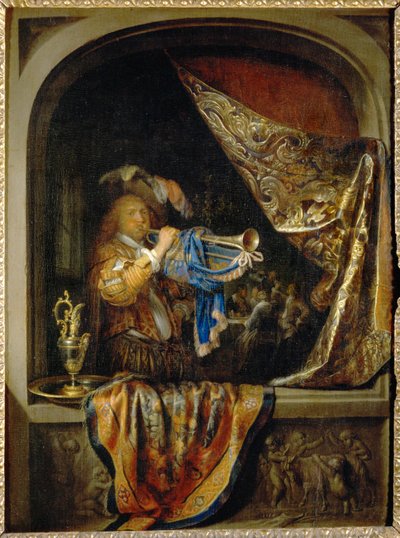 Der Trompeter, im Hintergrund ein Fest von Gerrit or Gerard Dou