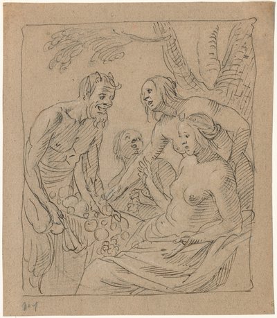 Diana und zwei Nymphen, die Geschenke von einem Satyr erhalten (recto) von Gerrit van Honthorst