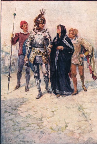 Prinz Arthur führt Belge und ihre Söhne in das Schloss, Geschichten aus der Feenkönigin, veröffentlicht von George Harrap and Company von Gertrude E. Demain (after) Hammond