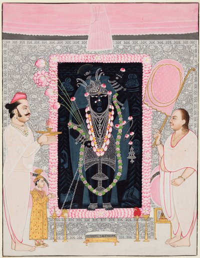 Der Oberpriester Tilakayat Govardhanlalji bringt Shri Nathji Opfergaben zur Feier..., um 1890 von Ghasiram Hardev Sharma