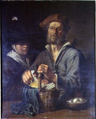 Ein alter Bauer und ein Dienstmädchen an einem Tisch von Giacomo Francesco Cipper