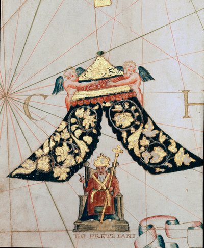 Darstellung von Priester Johannes, Herrscher eines christlichen Königreichs in Richtung Äthiopien (Detail einer Karte aus dem 16. Jahrhundert) von Giacomo Maggiolo