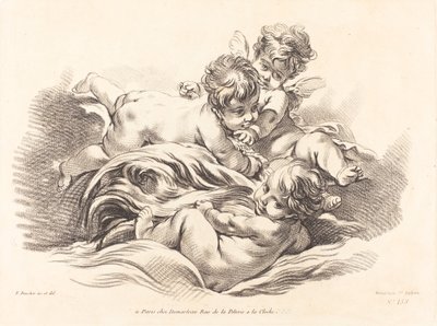 Drei Cherubim spielen auf einer delfinartigen Welle von Gilles Demarteau, the Elder after François Boucher