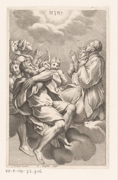 Gruppe von Männern und Frauen auf Wolken in Anbetung des Tetragramms von Gilles Rousselet