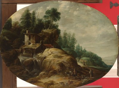 Wassermühle bei einem bewaldeten Felsvorsprung von Gillis Peeters
