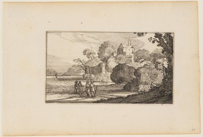 Pfad links vom ummauerten Gebäudekomplex zwischen Bäumen, aus Zwölf Landschaften mit Figuren von Gillis van Scheyndel
