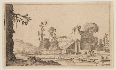 Ruinen in einen Bauernhof am Fluss verwandelt, aus Zwölf Landschaften von Gillis van Scheyndel