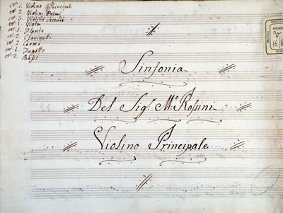 Detail der ersten Seite der Violinenpartitur für eine Symphonie von Gioacchino Rossini von Gioachino Rossini