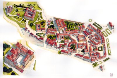 Luftaufnahme der Stadt Guimaraes: links das Schloss und das Kloster, erbaut im 11. Jahrhundert. Portugal. Illustration von Giorgio Albertini von Giorgio Albertini