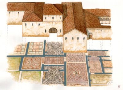 Byzantinische Kunst: Ansicht der Domus-Stätte der Steinteppiche (dei tappeti di pietra) in Ravenna im 6. Jahrhundert, bestehend aus Mosaiken eines byzantinischen Palastes. von Giorgio Albertini