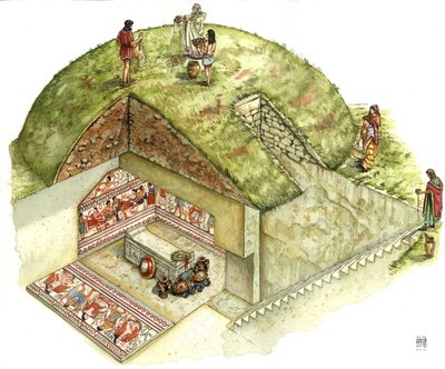 Etruskische Zivilisation: Rekonstruktion und Schnitt des Grabes von Triclinio, Nekropole von Tarquinia. 5. Jahrhundert v. Chr. Italien Illustration von Giorgio Albertini. von Giorgio Albertini