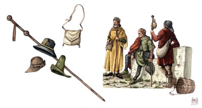 Mittelalterliche Mode: Pelerinenkostüm zwischen dem 12. und 14. Jahrhundert, Tasche, Hüte, Stock, Tuniken von Giorgio Albertini