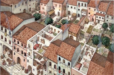 Mittelalter: Luftansicht von Wohnhäusern, Querschnittsansichten des Inneren der Wohnhäuser in Florenz, Italien im 13. Jahrhundert. von Giorgio Albertini
