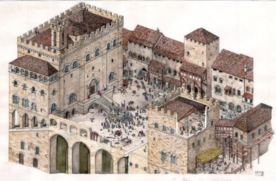 Mittelalter: Luftansicht des zentralen Platzes der Stadt Gubbio (Umbrien) in Italien im 14. Jahrhundert. Der Konsulspalast ist links sichtbar. von Giorgio Albertini