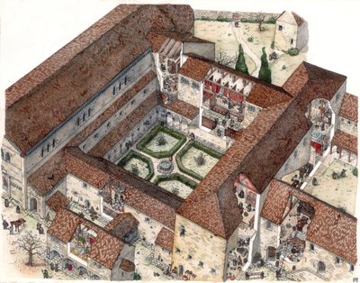 Rekonstruktion eines Klosters und das Leben der Nonnen oder Mönche. Illustration von Giorgio Albertini. von Giorgio Albertini