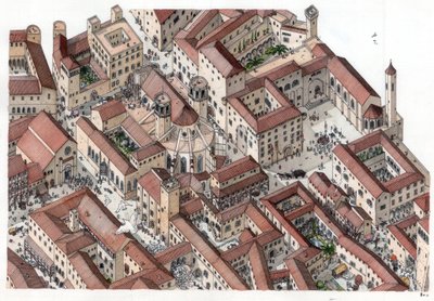 Mittelalter: Rekonstruktion des historischen Barri Gotic Viertels in Barcelona im 14. Jahrhundert. Die Kathedrale Sainte-Eulalie ist sichtbar. Spanien Illustration von Giorgio Albertini von Giorgio Albertini