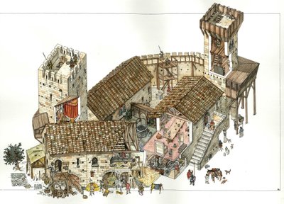 Mittelalter: Rekonstruktion einer Burg in den zentralen Regionen Italiens im 13. Jahrhundert. Die Schnitte zeigen die Aktivitäten in der Burg, die Soldaten zur Verteidigung in den Türmen. Illustration von Giorgio Albertini. von Giorgio Albertini