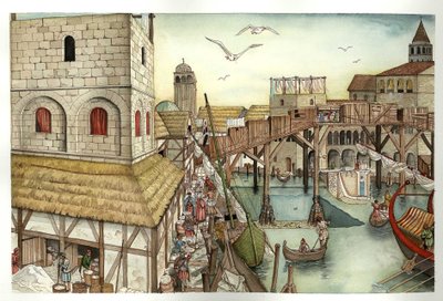 Mittelalter: Blick auf die Rialtobrücke im 11. Jahrhundert und Aktivitäten in Venedig, Italien von Giorgio Albertini