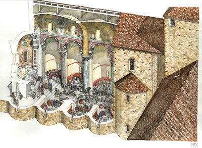 Rekonstruktion der Basilika St. Johannes im Lateran im 8. Jahrhundert: Der architektonische Schnitt zeigt das Triclinium und die Einweihungszeremonie eines Papstes. Rom von Giorgio Albertini