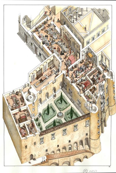 Rekonstruktion des Adelsgeschosses des Herzogspalastes von Urbino, Italien. Erbaut von Herzog Federico da Montefeltro im 15. Jahrhundert. von Giorgio Albertini