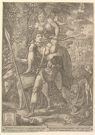 Allegorie der Jagd, ein Jäger mit einem großen Speer trägt eine Frau Diana auf seiner Schulter..., 1556 von Giorgio Ghisi