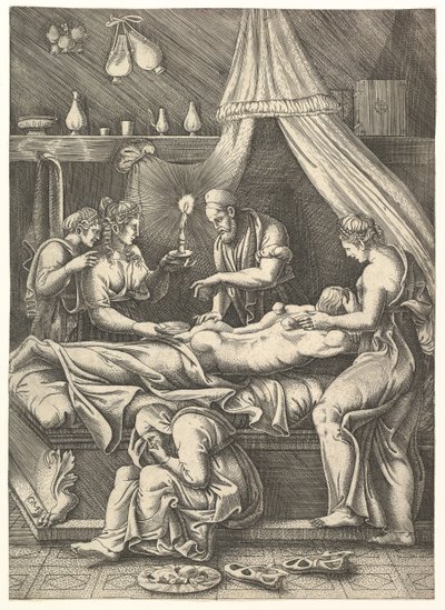 Eine Allegorie der Krankheit, Mann liegt ausgestreckt auf einem Bett, umgeben von Figuren von Giorgio Ghisi