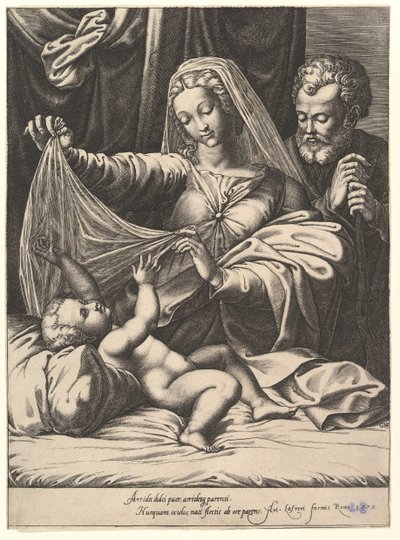 Madonna von Loreto, die Jungfrau hebt einen Schleier über das Kind, das auf einem Bett und Kissen liegt, 1575 von Giorgio Ghisi