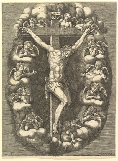 Der gekreuzigte Christus umgeben von trauernden Engeln, 1575-1679 von Giorgio Ghisi