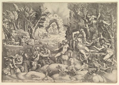 Der Tod von Procris, Cephalus trauert um den Tod von Procris auf der rechten Seite umgeben von..., ca. 1540 von Giorgio Ghisi