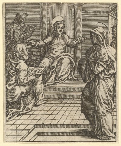 Die Jungfrau der Schmerzen: Christus im Streitgespräch mit den Gelehrten, eine von neun umgebenden Kompositionen, vor 1575 von Giorgio Ghisi