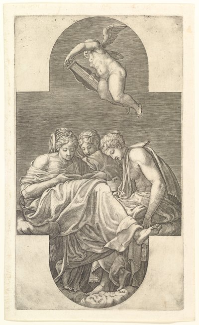 Drei Musen und ein Putto mit einer Lyra, eine kreuzförmige Komposition, aus einer Serie von acht Kompositionen von Giorgio Ghisi