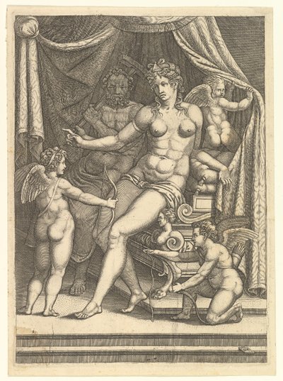 Venus und Vulkan auf einem Bett sitzend und drei Putti von Giorgio Ghisi