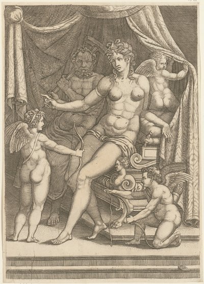 Venus und Vulkan auf einem Bett sitzend von Giorgio Ghisi