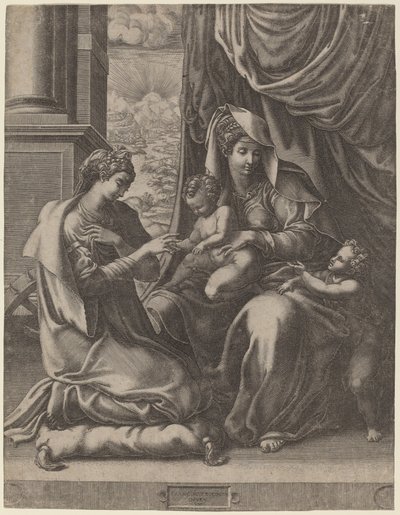 Die mystische Hochzeit der Heiligen Katharina von Giorgio Ghisi after Francesco Primaticcio