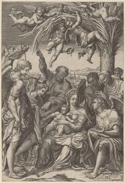 Die Rast auf der Flucht nach Ägypten von Giorgio Ghisi after Giulio Campi
