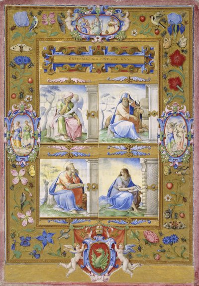 Die vier Evangelisten, innerhalb eines Rahmens aus Blumen, Vögeln und Insekten, 1572 von Giorgio Giulio Clovio