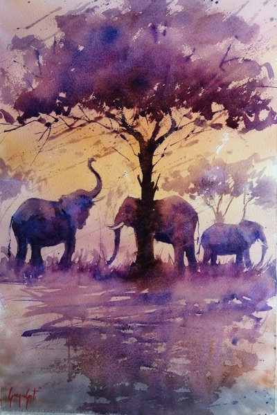 Afrikanische Elefanten im lila Sonnenuntergang von Giorgio Gosti